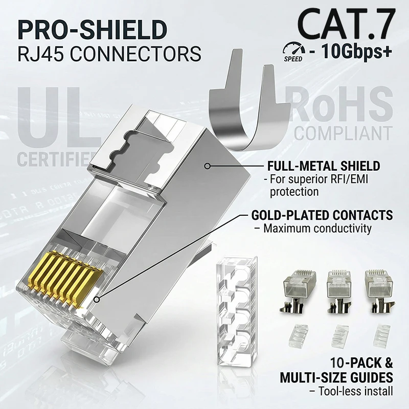 

10Pcs Pass Through Cat7 Shielded RJ45 Connector Gold Plated Ethernet Modular Plug Crystal End Lan Network Cable Crimp Connector