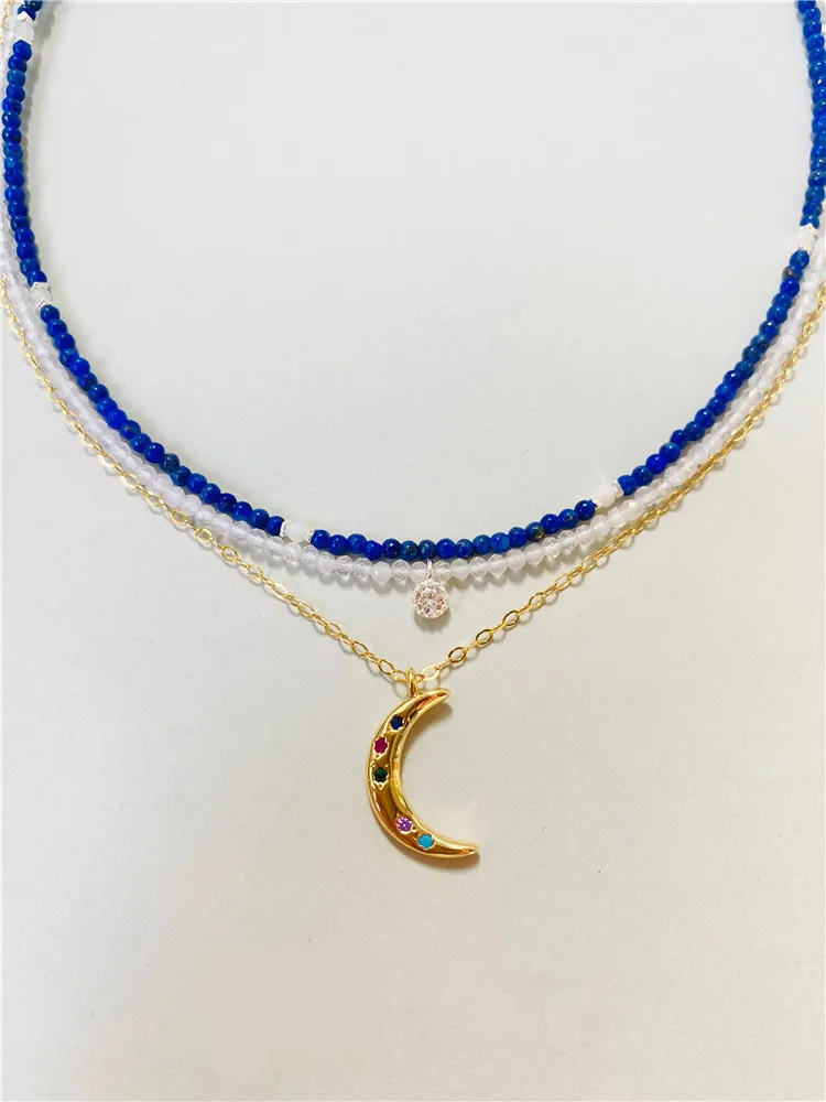 2mm Extremely Thin Lapis Lazuli White Moonlight Beads 925 Silver Women Necklace Crescent Pendant Clavicle Chain Jewelry Set