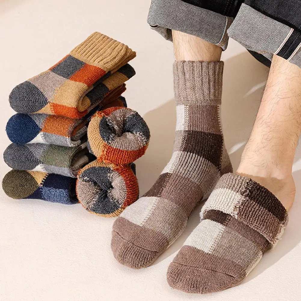 Winter Men's Warm Thermal Colorblock Thick Wool Socks Warm Colorblock Soft Comfortable Plush Snow Floor Sock High Quality