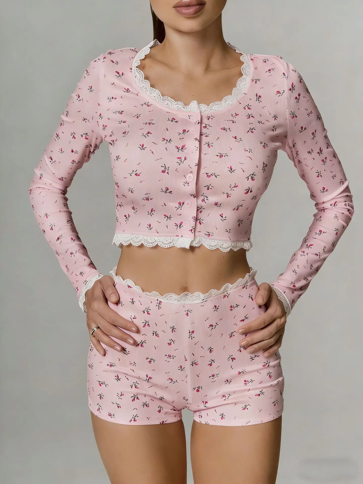 Sexy Womens Floral Print Pajamas Set Summer Long Sleeve Top And Shorts Sleepwear 2 Piece Set For Women Home Casual Skinny Suit