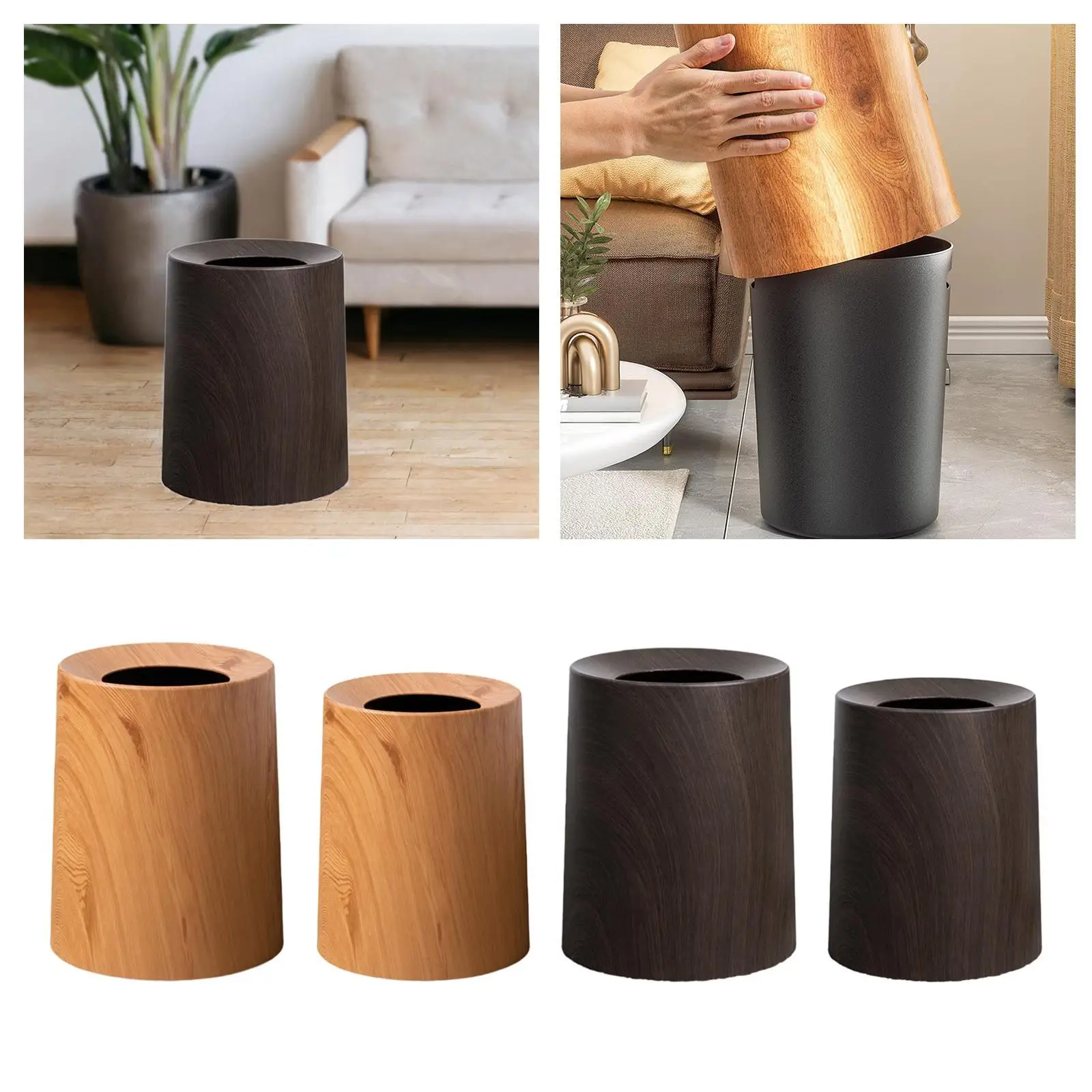 

Wood Grain Trash Can Portable Modern Rubbish Bin Waste Basket Toilet Paper Basket for Restroom Toilet Living Room Bathroom Hotel