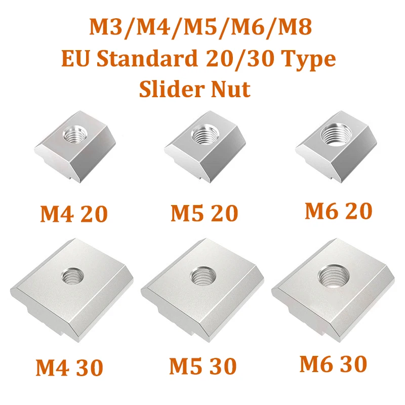 50pcs 2020 3030 Aluminum Profile Slider Nut M3 M4 M5 M6 T Block Square Nuts T-Track Sliding Hammer Nut Fastener 3D Printer Parts