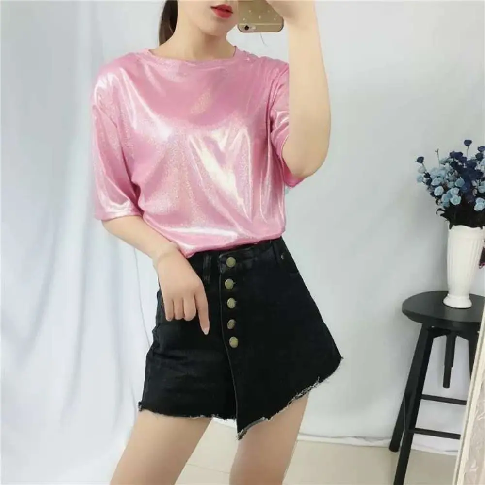 Club Bright Silk T-shirt Shiny Loose Short Sleeve Tshirt Aesthetic Retro Style Show Costumes Women