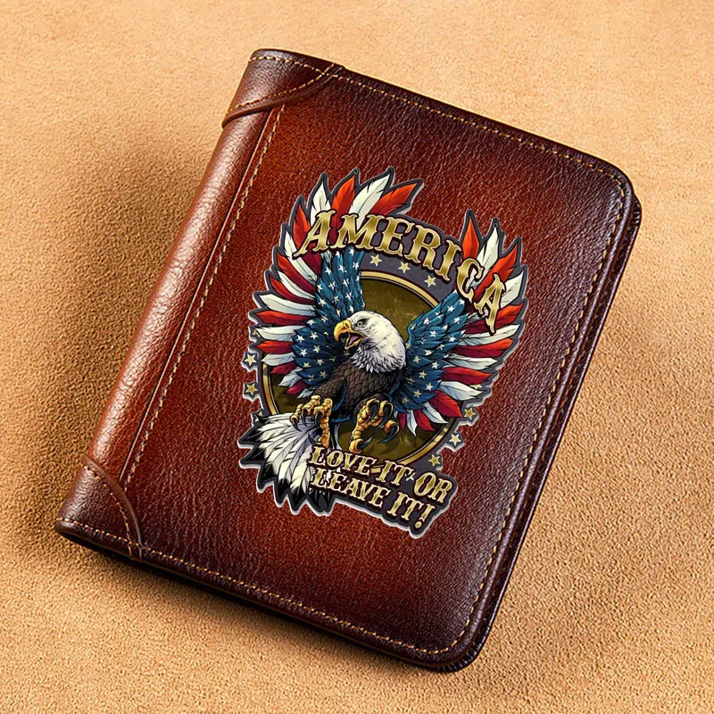 Fashion American Eagle Design  Cover Genuine Leather Men Wallets Short Card Holder Purse Trifold Men\'s Wallet