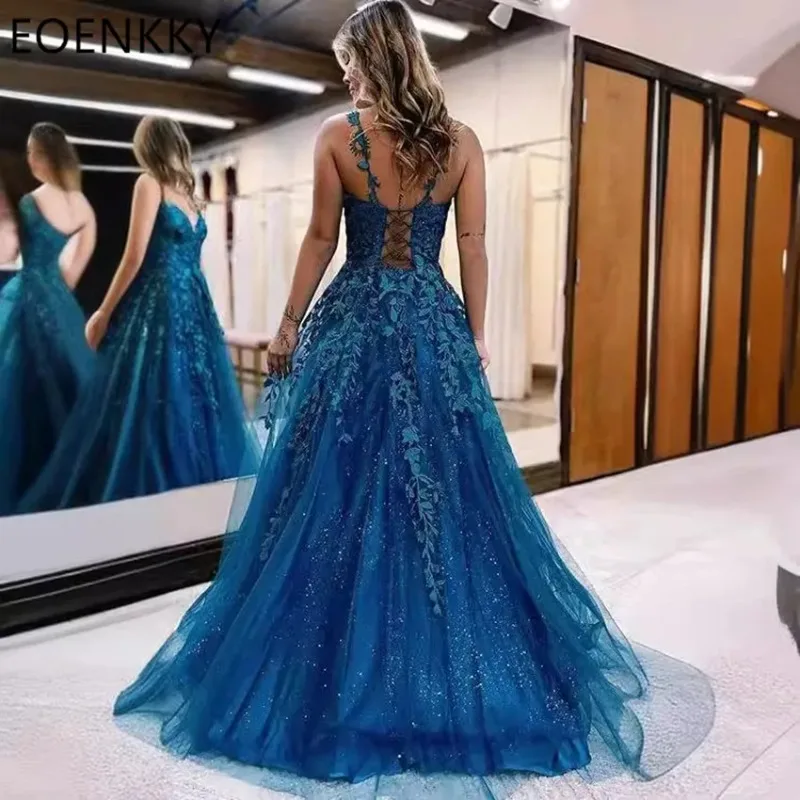 backless prom dresses 2025 Customized Evening Spaghetti Strap Dress A-line Length Shiny Tulle Elegant Women's Party Dresses US 0 / UK