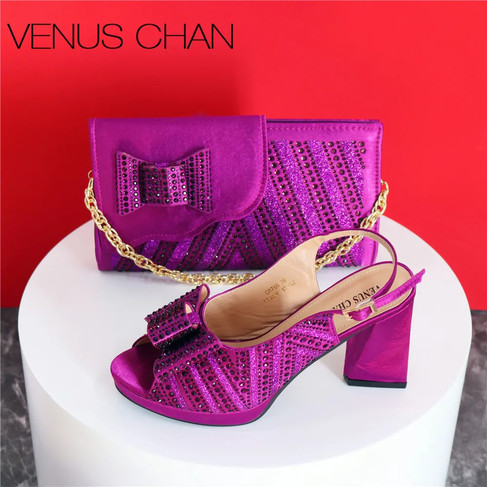 

Diamonds And Rhinestones 2024 Fashionable Pointed Toe Purple Color Design Shoes Matching Handalbag For Women Party