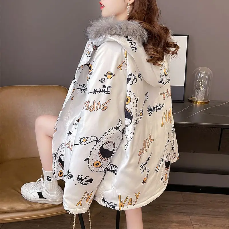 2025년 신상 여성 겨울 다운 코튼 코트, 여성용 만화 프린트 소매 파카, 두꺼운 아우터 탑