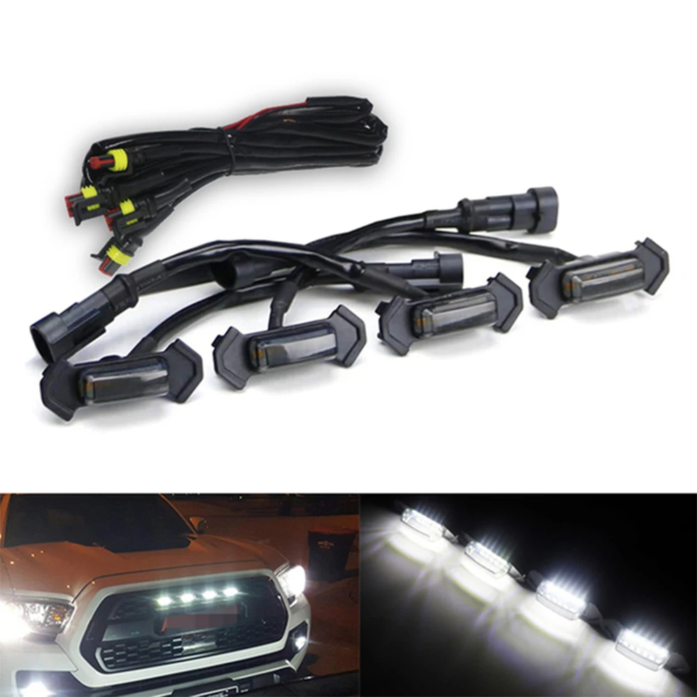 4Pcs Smoked Lens White LED Front Grille Light Assemblies With Wiring Harness Kit for Toyota Tacoma 2016-2020 w/TRD Pro Grill 12V