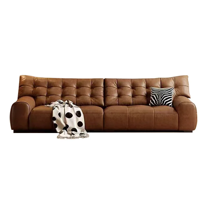 

Medieval oil wax leather sofa straight row floor modern living room down backrest big black bear retro sofa leather