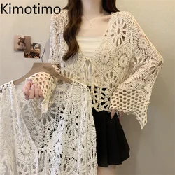 Kimotimo Hook Flower Hollow Flare Sleeve top lavorati a maglia donna Summer Holiday Style scollo a V Lace Up Cardigan allentato Casual All Match