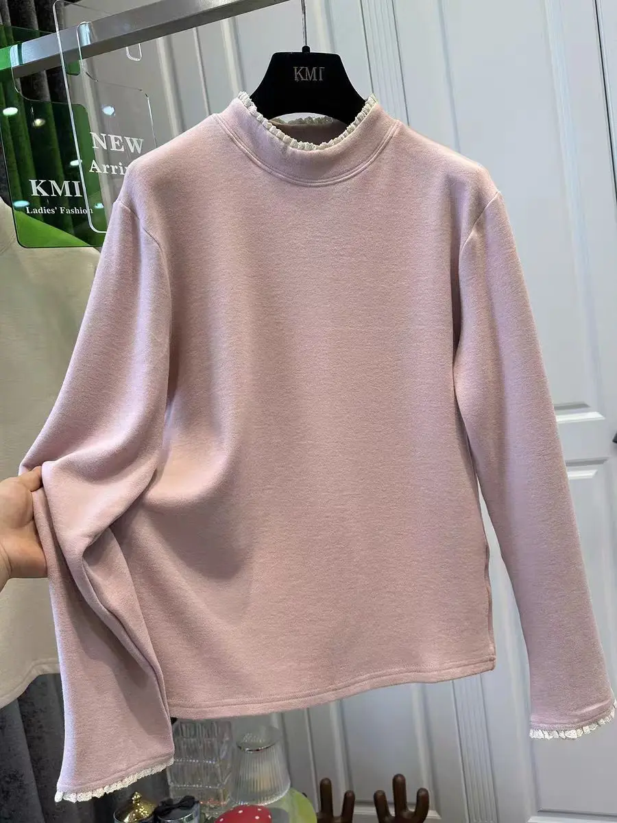 

plus Size Women's Long Sleeve T-Shirt Lace Patchwork Fleece Casual Style Autumn Winter Slimming Meat Concealing Base Shirt