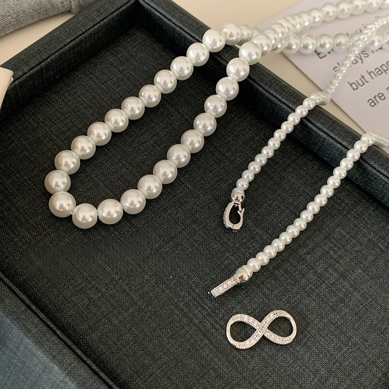 LENNIK إبزيم صغير مرصع بـ 8 أشكال بطبقات مزدوجة قابلة للفصل، قلادة من اللؤلؤ الاصطناعي باللون الرمادي متعدد الارتداء