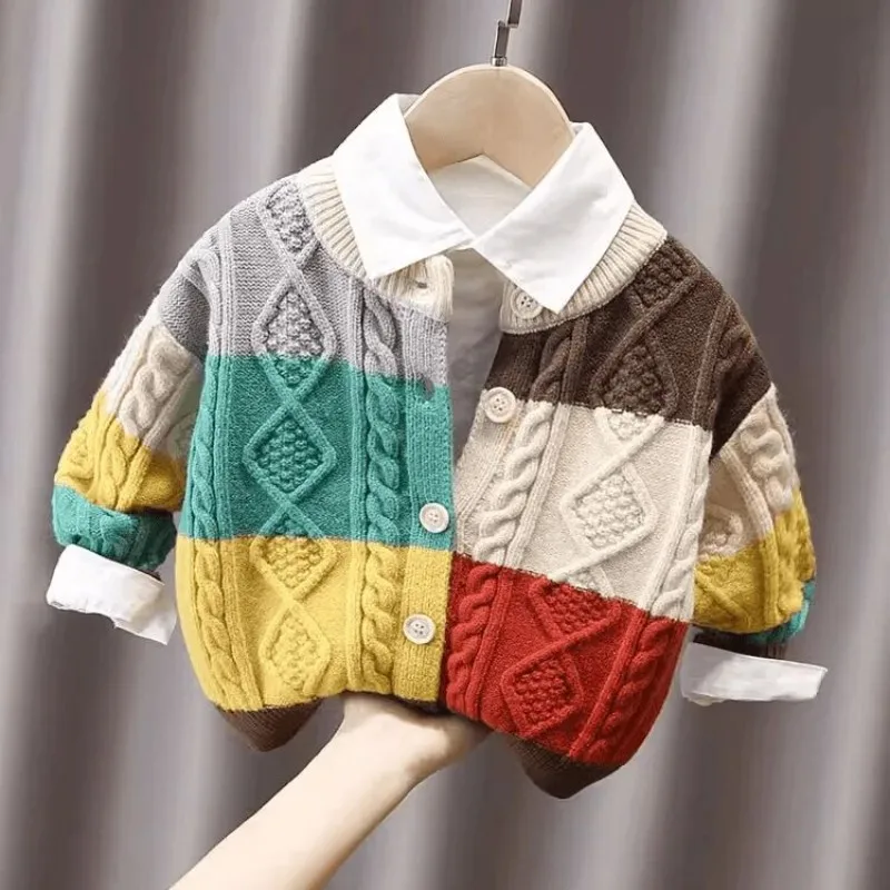 Children's Knitted Cardigan Autumn/Winter Boys' and Girls' Knitted Jacket Retro Sweater Color Match