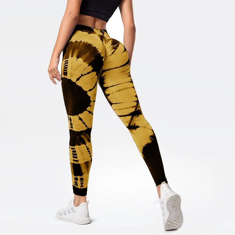 Women Slim Knit Pants Fitness Yoga Workout Running Elastic High Waist Hip Lift Sports Tights Seamless Tie Dye Leggings Trousers