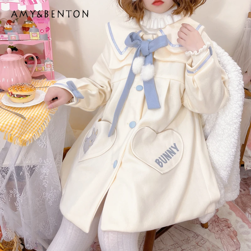 Plus Size Lolita Coats Sweet Cute Doll Collar Cartoon Printed Wool Coat Lace-up Bow Lantern Sleeve Winter Coat Kawaii Women Coat