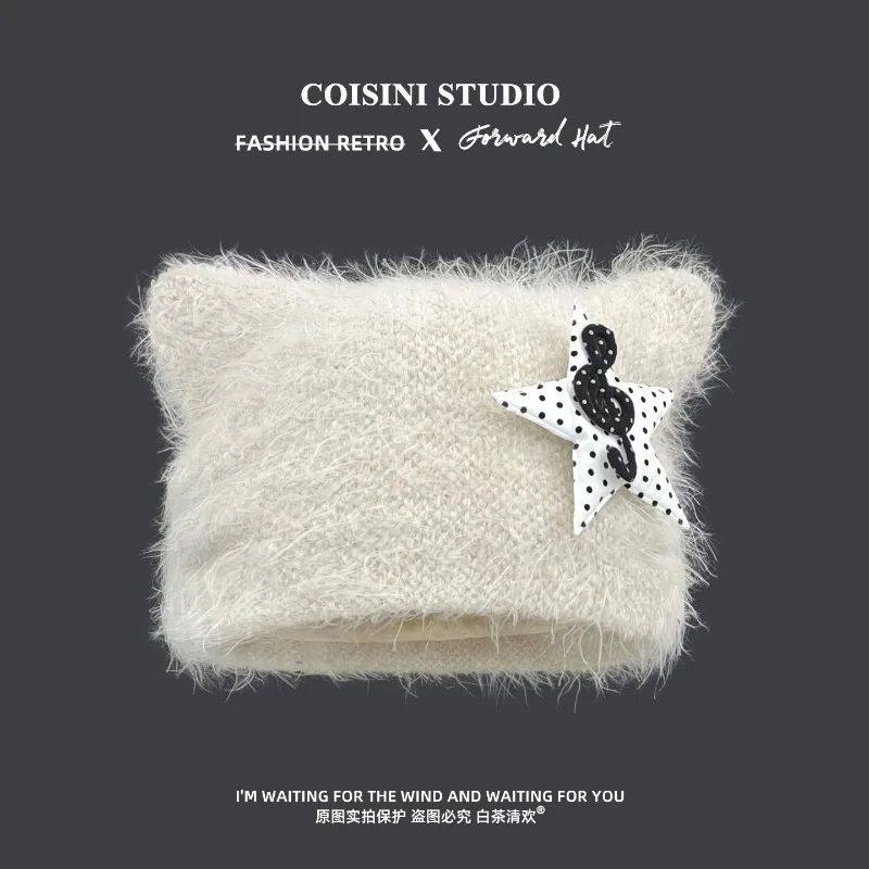 Koreanische Ins-Plaid-Musik-Design-Plüschmütze mit Katzenohren, gestrickte Mütze für Damen, Herbst- und Winterwärme, vielseitige Y2k-Kälteschutzmütze – Detail 1