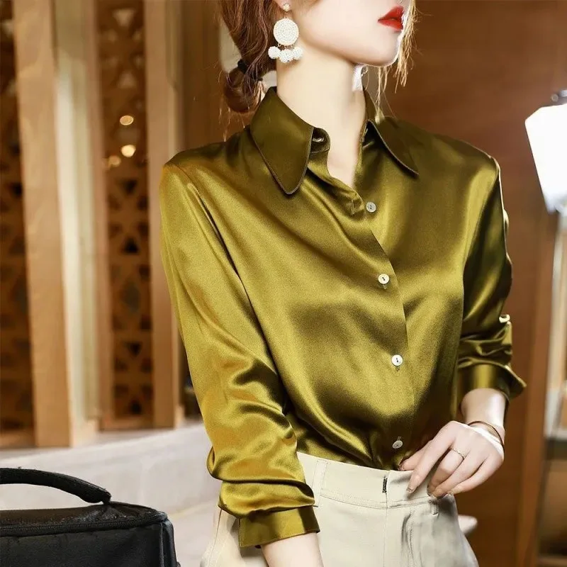 Lucyever High Quality Imitation Silk Blouse Women Fashion Long Sleeve Loose Satin Blouses Korean Style Office Lady Stand Shirts