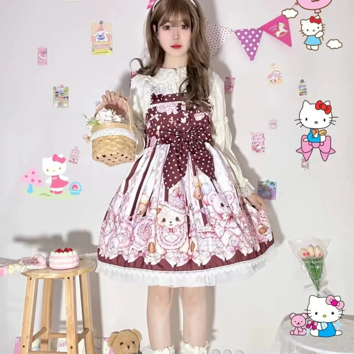 Kawaii Sweet Lolita Princess Dress Women Cute Cartoon Bear Print Bow Strap Dress Kawaii Girl Fashion Tea Party Mini Dress