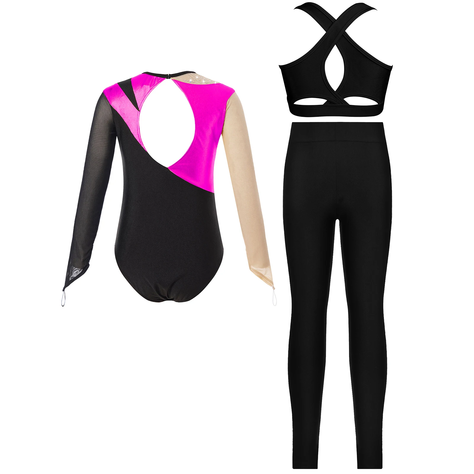 Kids Girls Ballet Gymnastics Dancewear Sets Long Sleeve Leotard with Vest Pants Suit for Figure Skating Stage Performance