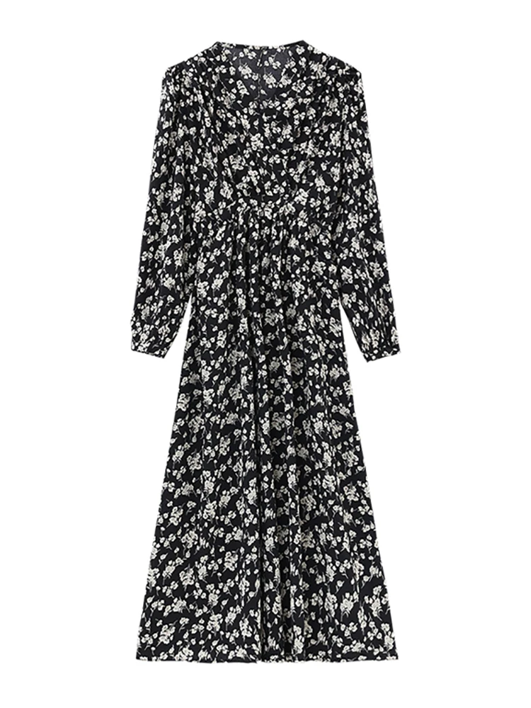 2024 Black Floral Long Sleeve Elegant Female Casual Long Dress Spring Autumn Korean Vintage Chic Prom Party Night Midi Vestidos