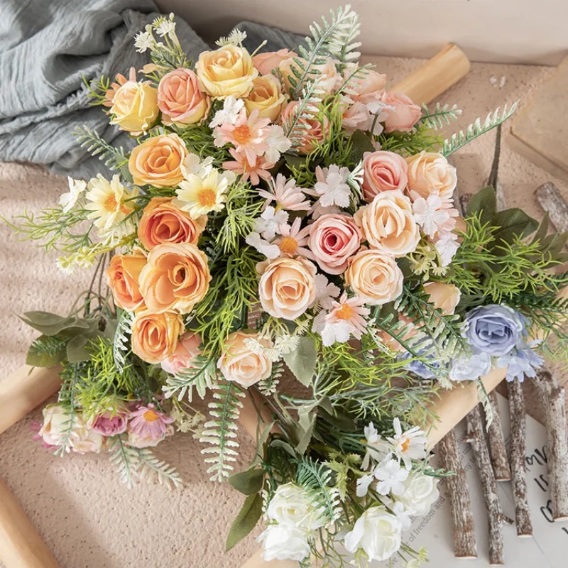 

Silk Daisy Rose Bouquet - 9/12/15pcs Artificial Flowers for Wedding Engagement Desk Decor Elegant Bride Bouquet