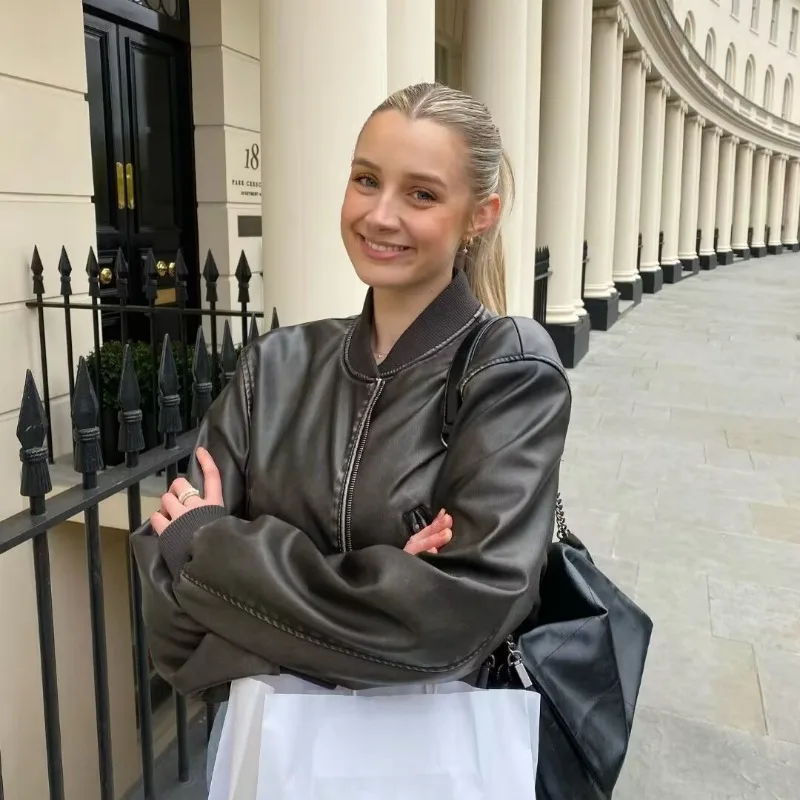 Dames gewassen leren losse jas Retro opstaande kraag Lange mouwen Ritszakken Korte jas Lente locomotief stijl damesjas