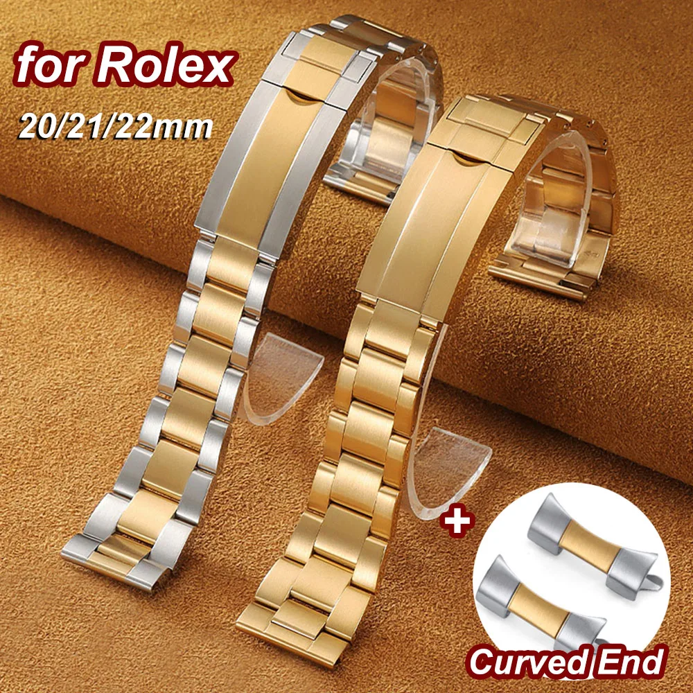 Arc End Watch Band for Rolex SUBMARINER Daytona Stainless Steel Strap 20mm 21mm 22mm Bracelet Curved End Watchband for Men Women