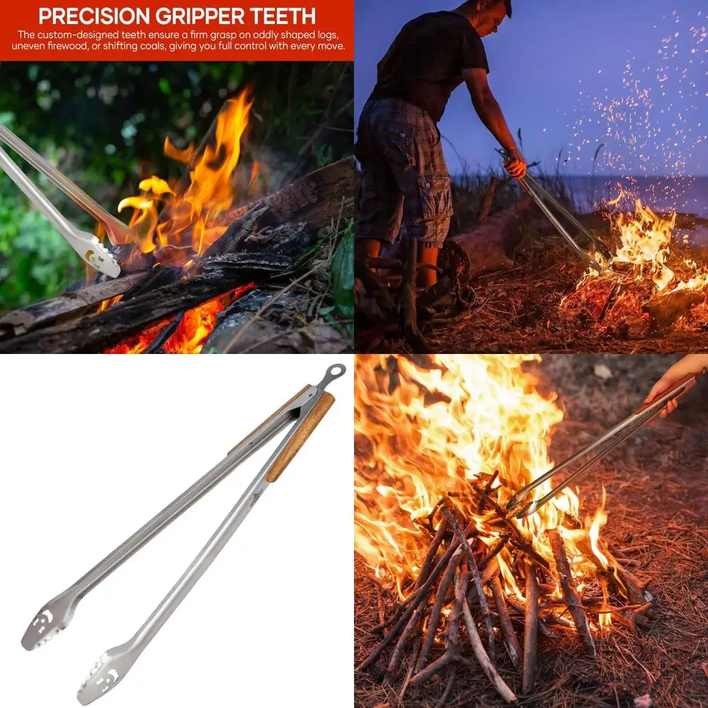 

32-inch Long Fire Pit Tongs with Acacia Handle for Wood Loading, BBQ, Campfires, and Fireplaces, Suitable for Indoor and Outdoor