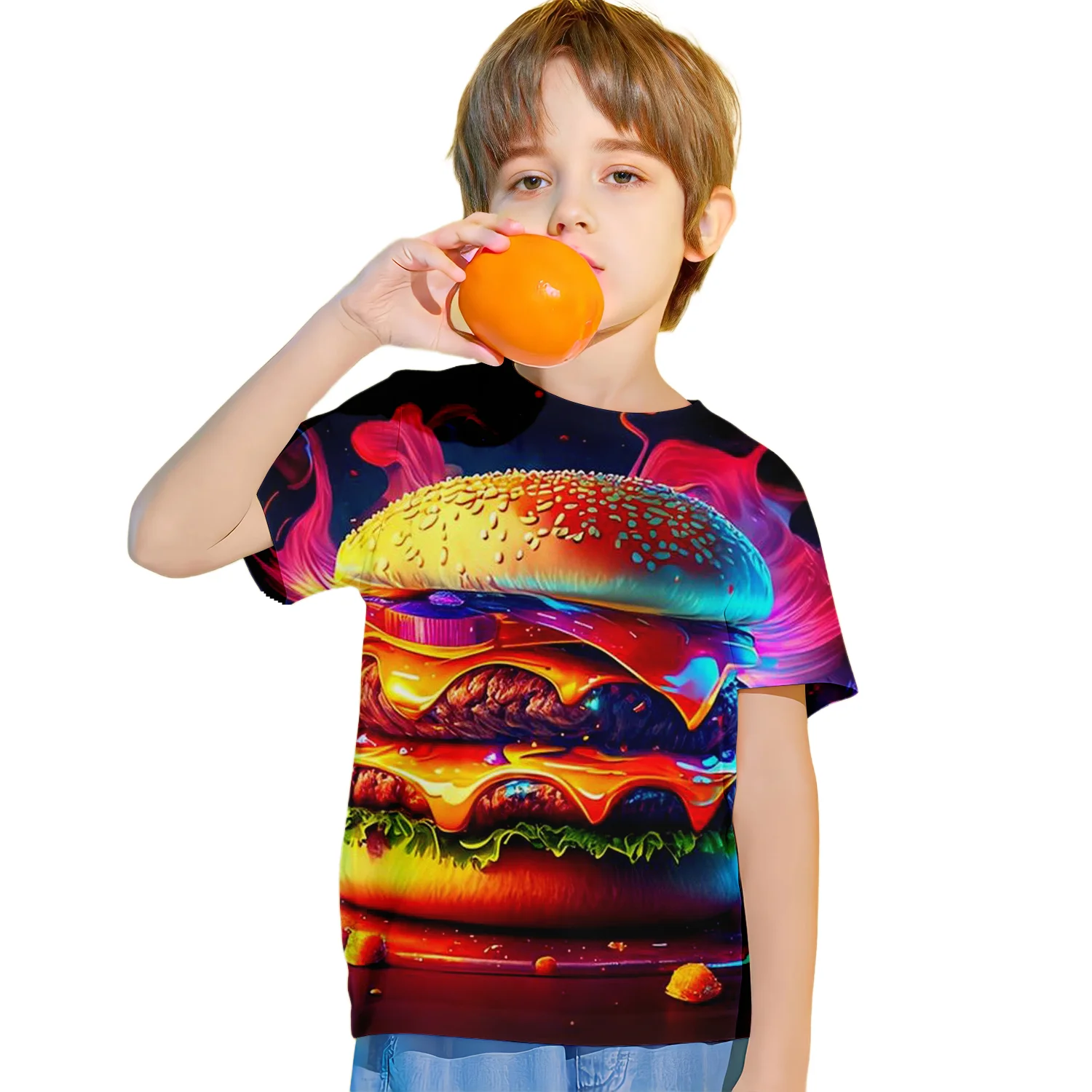 Children's Clothing Boys Tshirt Short Sleeve Creative 3D Hamburger Print Kids Summer Clothes Casual Fashion Round Neck Girl Tops