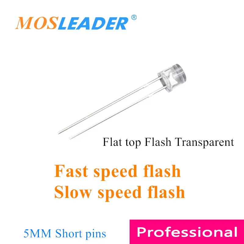 Mosleader 플랫 탑 LED 고속 플래시, 투명 저속 플래시, 2 핀, 7 색 쇼트 핀, 5mm, 1000 개