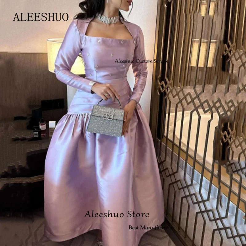 Aleeshuo Classic A-Line Evening Dresses Sequare Collar Ruffle Beaded Prom Dress Pleat Ankle-Length Long Sleeves Party Dresses