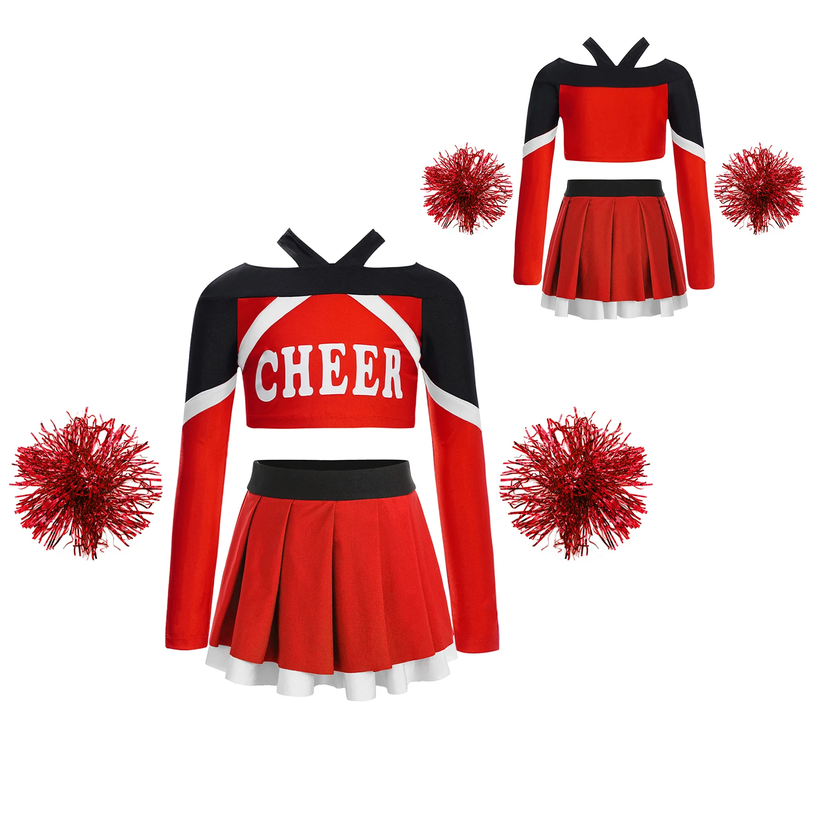 

Kids Girl Cheerleading Dance Outfit Modern Contemporary Dancing Performance Set Long Sleeve Crop Top+Pleated Skirt Dancewear Set