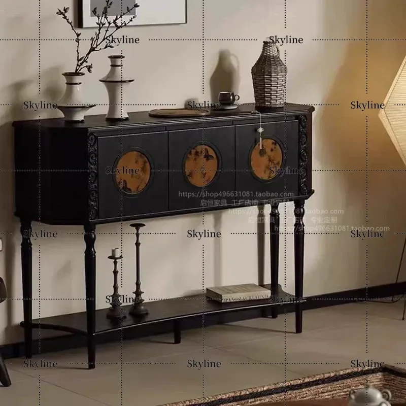 French Retro Solid Wood Entrance Cabinet New Chinese Style Black Fragrant Cloud Yarn Entryway Table Living Room Corridor