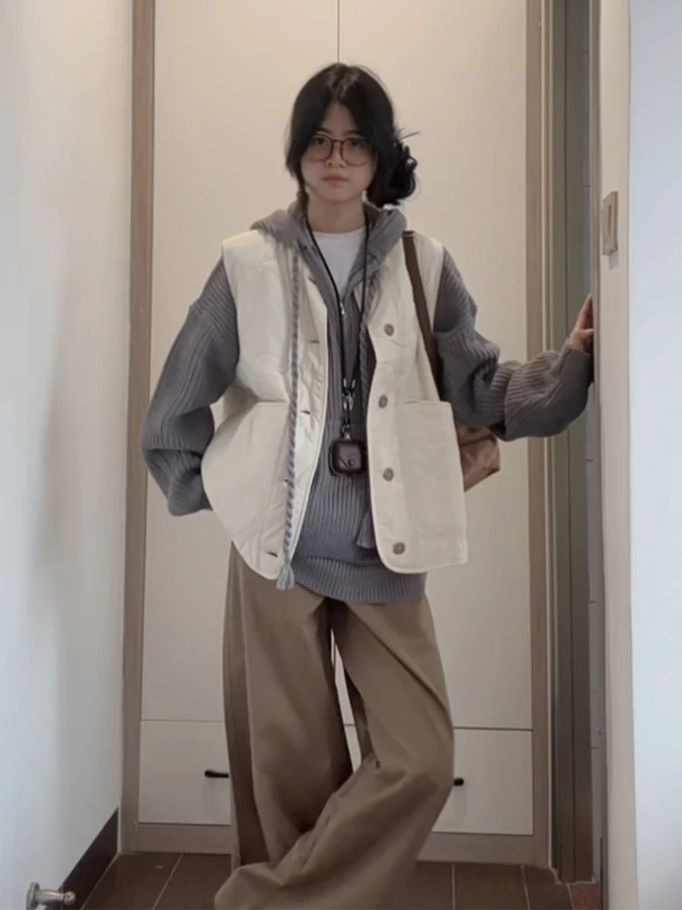 Modna kamizelka z bawełny, odzież wierzchnia damska, luźna, codzienna, ciepła na jesień i zimę, młodzieżowa, okrągły dekolt.