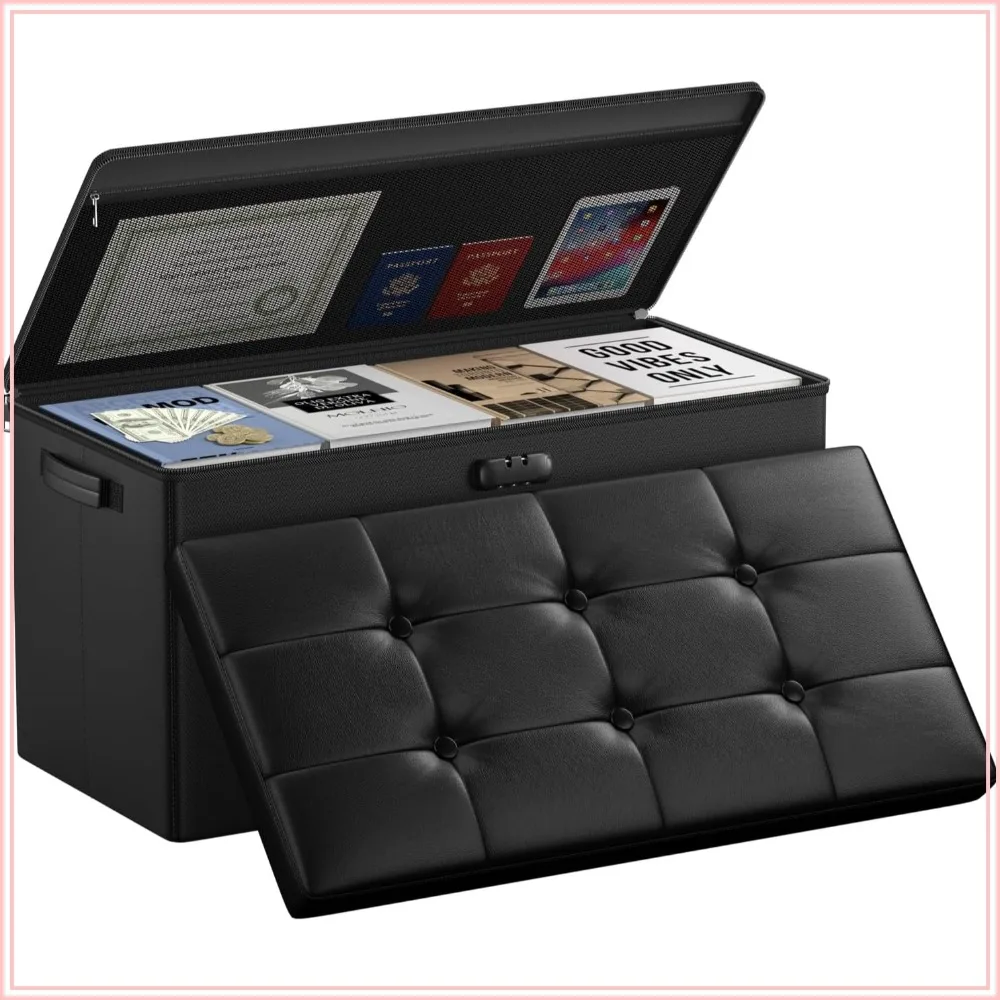 

Fireproof 30 Inches Storage Ottoman Bench with Lock, Folding Foot Rest Stool, Waterproof Leather, Black