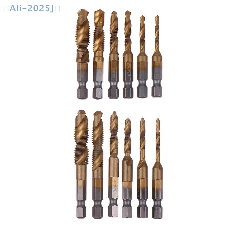 【J】6Pcs Compound Metric Tap Drill Bits Screw Thread Hex Shank Machine Titanium HSS Tap Bit Tool For Metal Steel Wood Plastic
