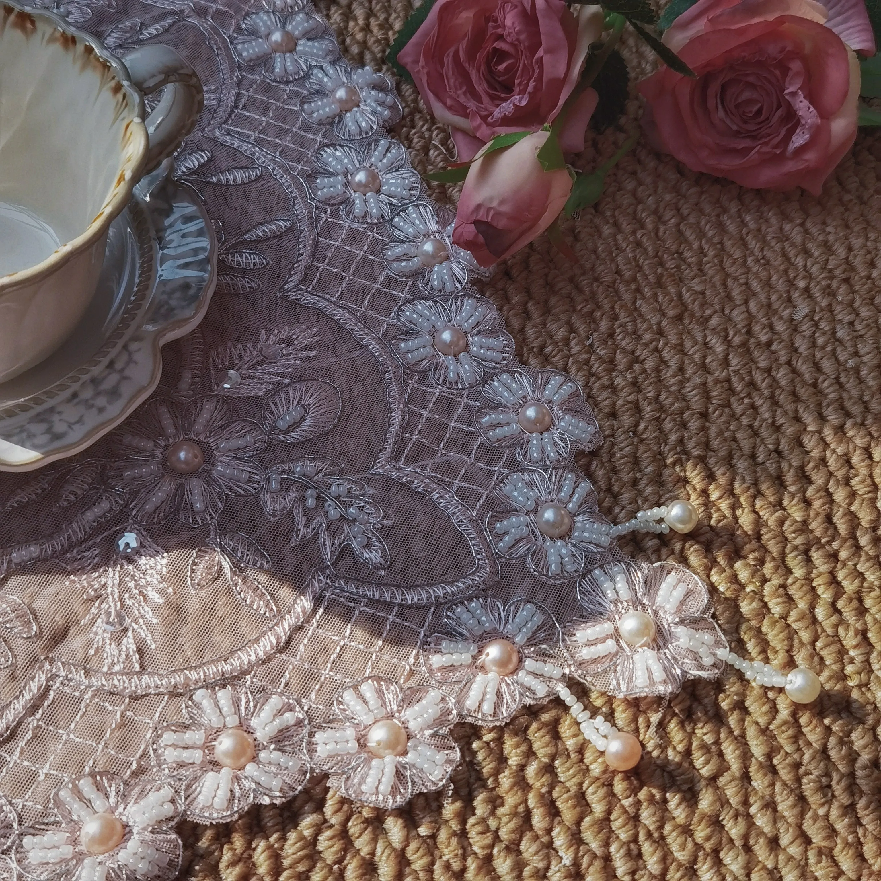 Pink Embroidered Placemats Lace Napkins Luxurious Handmade Beaded Coasters Furniture Decor Small Covers Birthday Table Decor view 3
