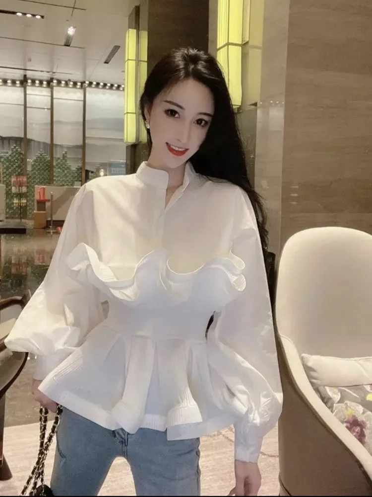 High End Design Sense Niche Ruffle Edge Waist Cinched Shirt Women's White Top Fashionable Versatile Western-Style Layered Shirt