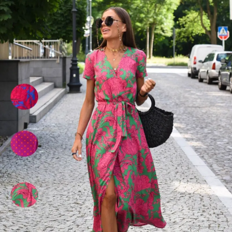 Women V-Neck Bohemian Dress Summer Fashion Floral Casual Pleated Hat Sleeveless Belt A- Line Pleated Hem Mid Length Sun Dress