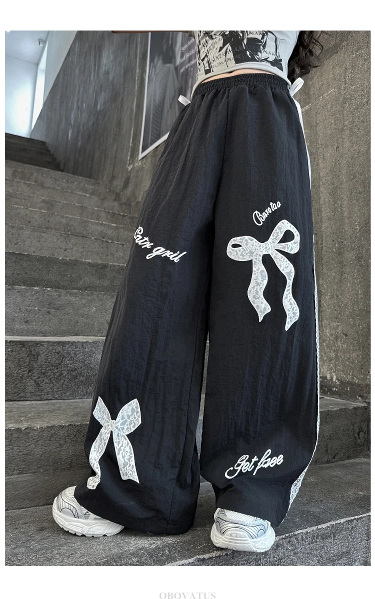 Schwarze Freizeithose für Kinder mit Spitzenschleife für Mädchen, Frühlingsmode, Spitzenhose, lockere Freizeithose mit weitem Bein, Streetwear – Detail 6