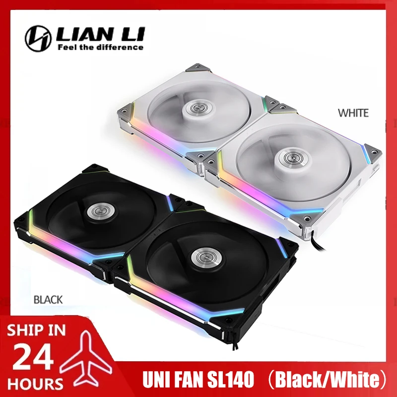LIAN LI UNI FAN SL140 V1 Modular Daisy Chain/ Cableless Gamer Case Cooler 14cm L-Connect, M/B ARGB SYNC Black/White, 2 Fans Pack
