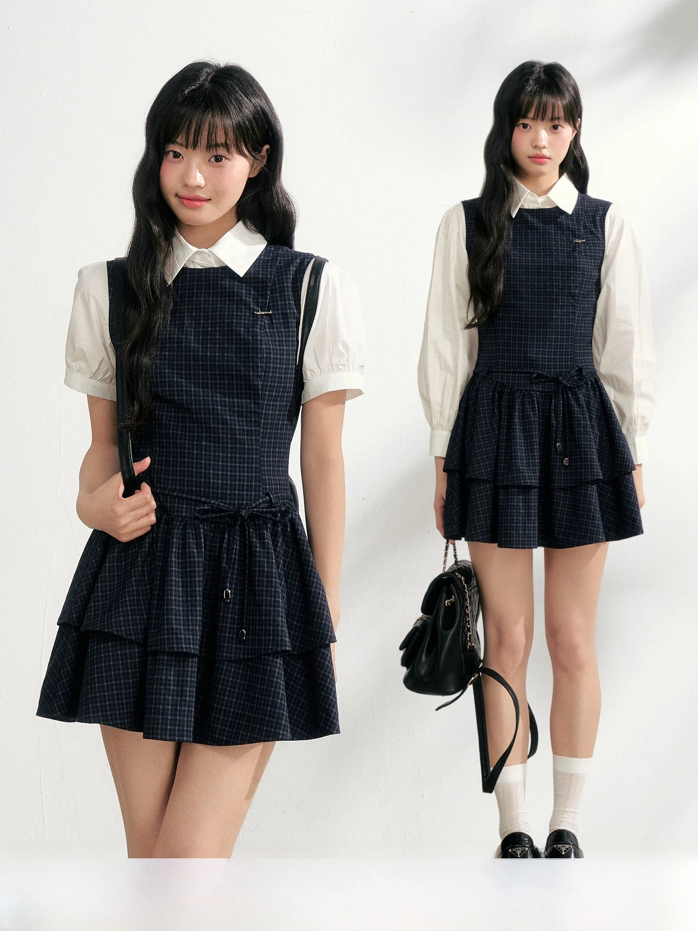 

NANGOON Metal Pendant Sleeveless Women's Dress Shirt Set Spring New Style Decorative Layered Gingham Wrap Waist Ensemble