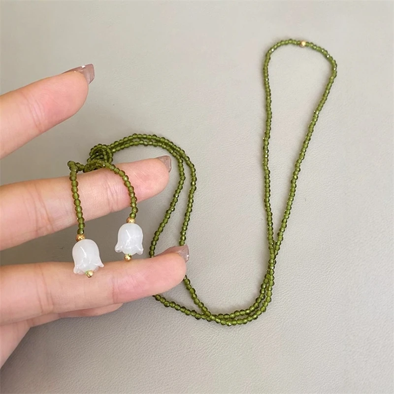 Vintage grüne Kristallperlen-Anhänger-Halskette für Frauen, minimalistische handgefertigte Perlen, lange verstellbare Halskette, Halskette, Schmuck – Detail 19