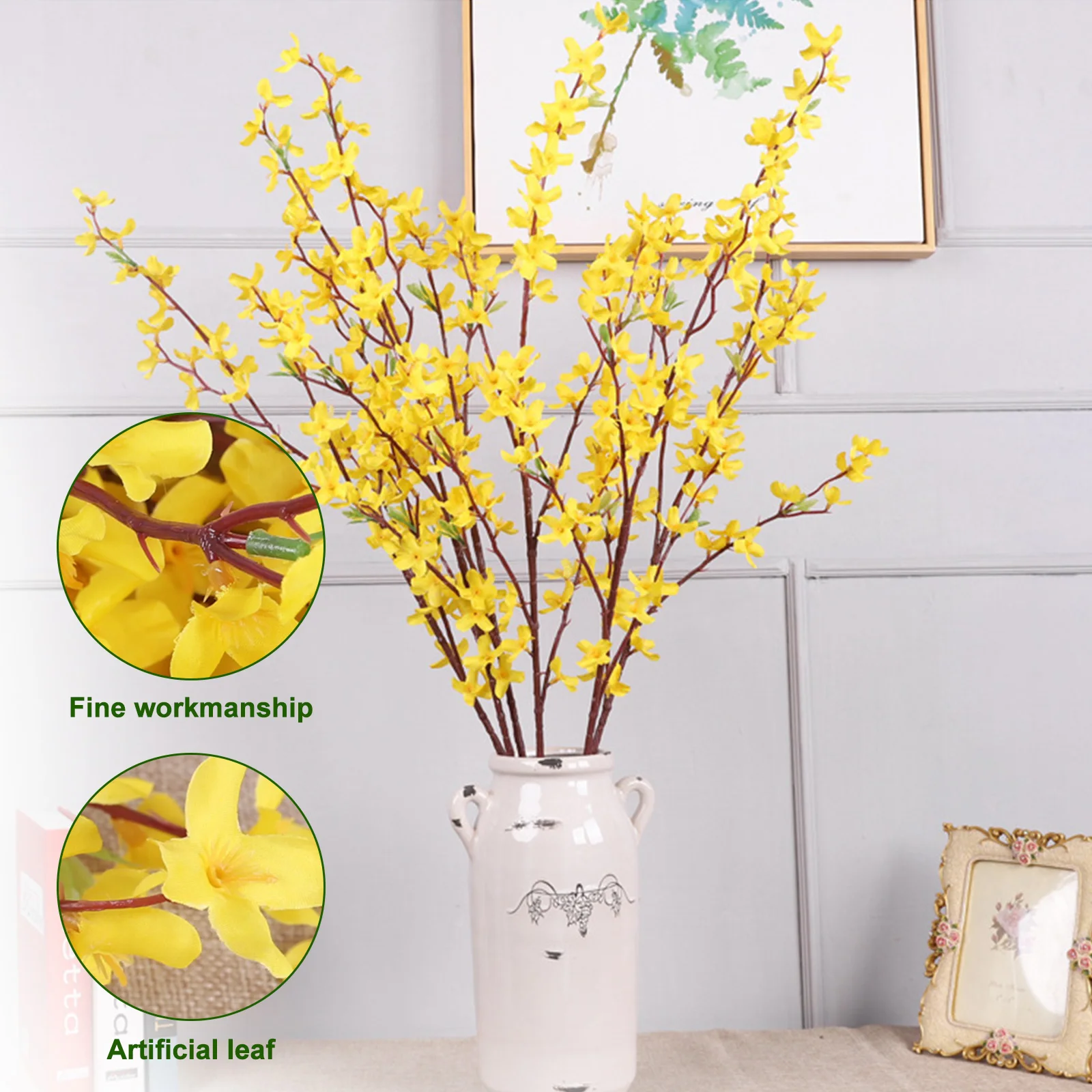 Artificial Orchids Flowers Winter Jasmine Ornament Plastic Branch Simulation Single 5-prong Yellow 94cm Home Decoration