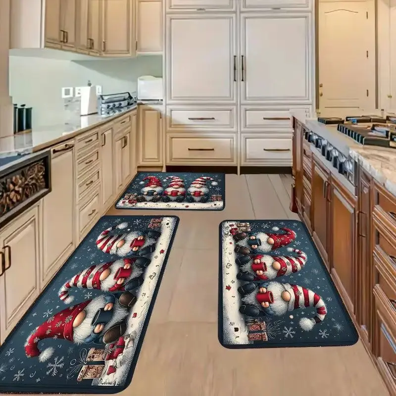 VIKAMA Christmas Kitchen Mat Set Striped Gnome Snowflake Print Non Slip Waterproof Floor Rug Xmas Kitchen Home Decor