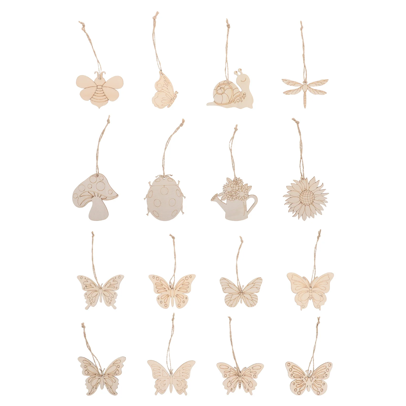 

16Pcs Woodcraft Hanging Tags DIY Kit Flower Insect Wooden Slices Blank Painting Crafts for Kids Room Keychain Decoration