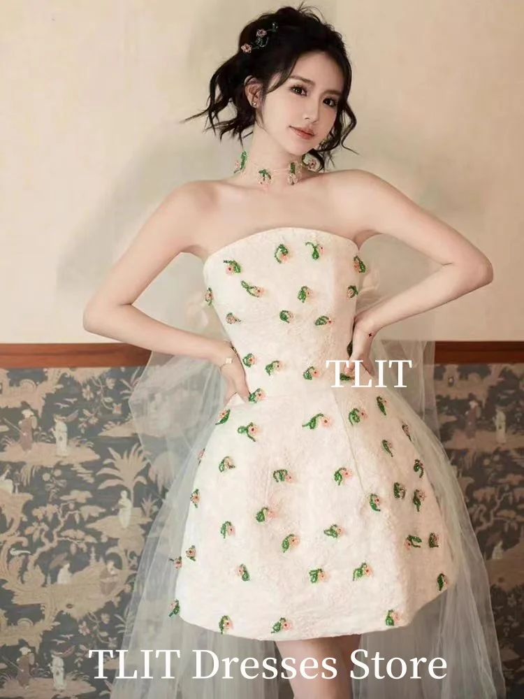 TLIT biała satynowa suknia wieczorowa suknia ślubna sesja zdjęciowa bez ramiączek długa tiulowa suknia wieczorowa o długości mini dostosowane formalne przyjęcie