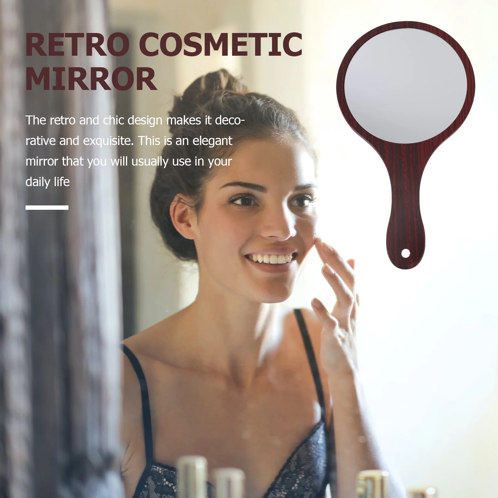 1Pcs Wooden Handle Makeup Mirror Retro Scratch Resistant Handheld Portable Lightweight Vanity Mirror for Travel Use