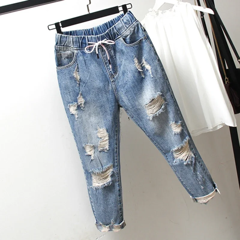 

Spring Summer New Korea Fashion Women Ripped Jeans Elastic waist Vintage Loose Blue Jeans Casual Denim Harem Pants V377