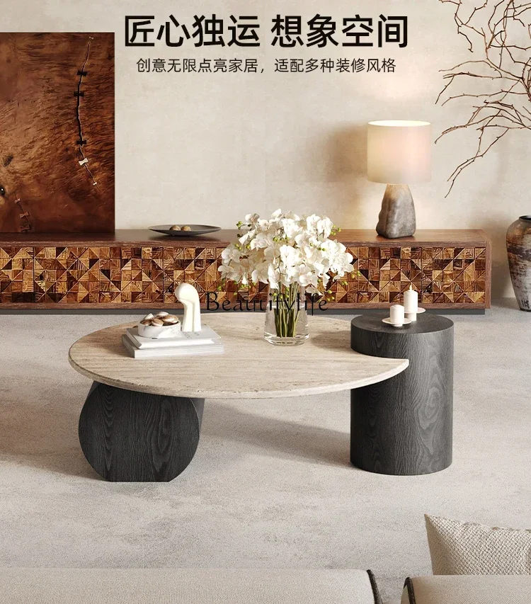 FG17Round Light Luxury Natural Travertine Coffee Table Household Simple Small Unit Small Round Table